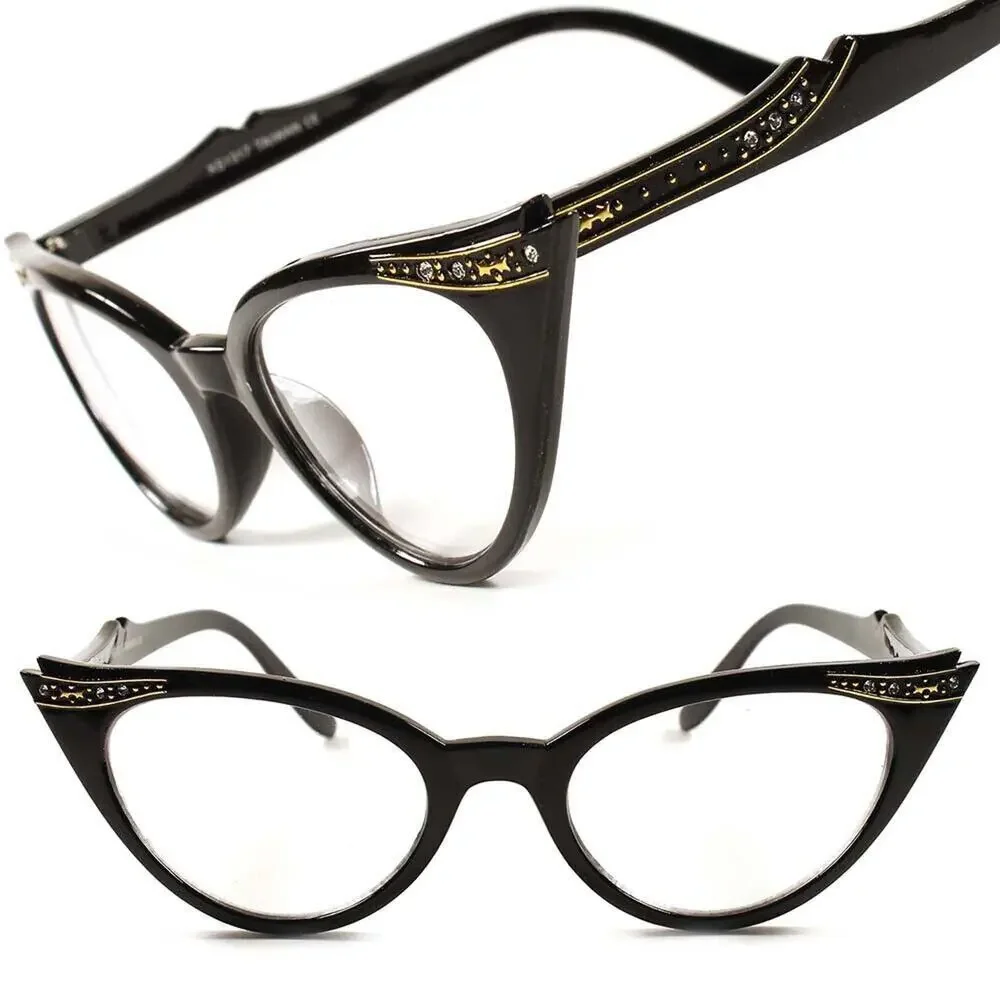 Womens Black Cat Eye Clear Lens Glasses Gold Rhinestone Retro